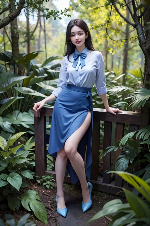 a cute girl,20 yo,Light Blue eyes, black hair, Long Bohemian Hairstyle, wearing (Sky Blue) A-line skirt and blouse, at A dark, mysterious forest with twisted branches and creeping vines, front view, earrings,bowtie, during midday,Cinematic lighting , ((masterpiece)), (best quality), (highres), original, extremely detailed 8K , (photorealistic:1.4),flawless face, perfect eyes,symmetrica body shape,(full body),smile,
