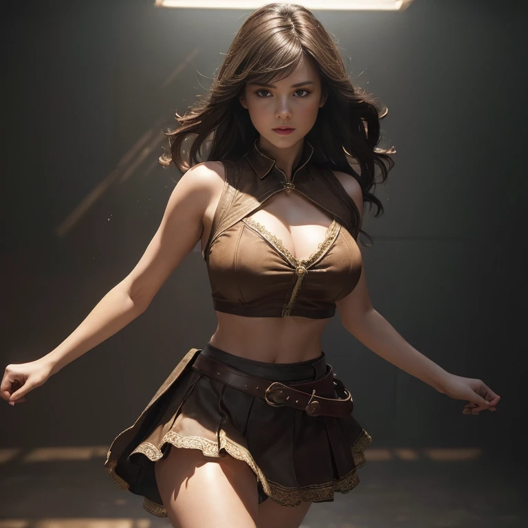 (master piece:1.5), (best quality:1.5), (exquisite lighting and shadow, highly dramatic picture, cinematic lens effect) (Photorealistic picture) (Card game image) 8k, wallpaper, dynamic pose, a brunette girl, cowboy dancing girl, mini skirt, thick legs, narrow waist, big hips, highly detailed, realistic, cinematic lighting, studio quality
