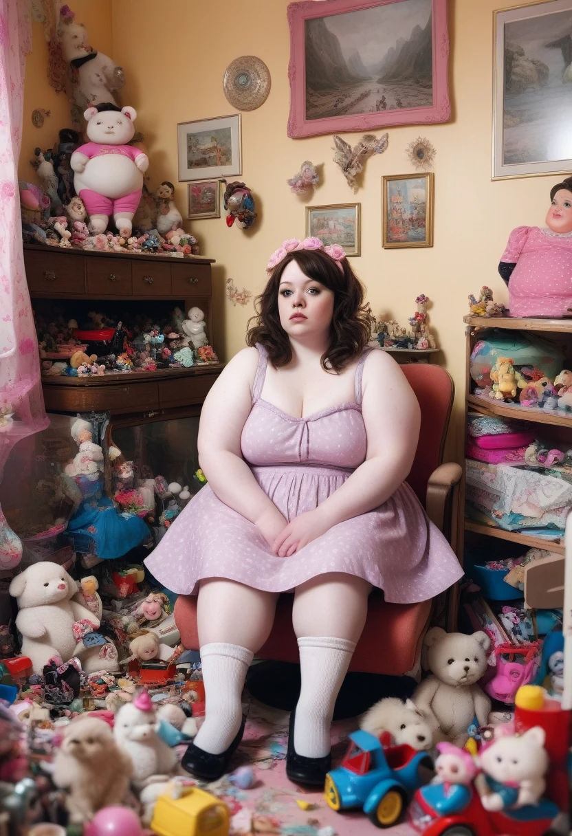 A photo of a nice lonely 30 year woman in a room full of all sorts of toys and other clutter, fat, chubby, obese, giantess, pale skin, unique face, tight clothes, dress, socks, brunette, rose on head, intricate scenery, high detail, color photography, messy yet aesthetically beautiful room, sitting