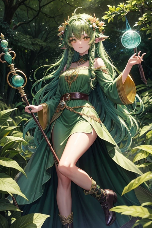 20 year old dryad woman with long curly turquoise green hair , peinado desorenado con adornos de plantas con una flor en el cabello con orejas puntegudas , Medieval green dress leaf ornaments yellow eyes holding a magic staff brown shoes brown leather belt jade ornaments in forest background with magical symbols
