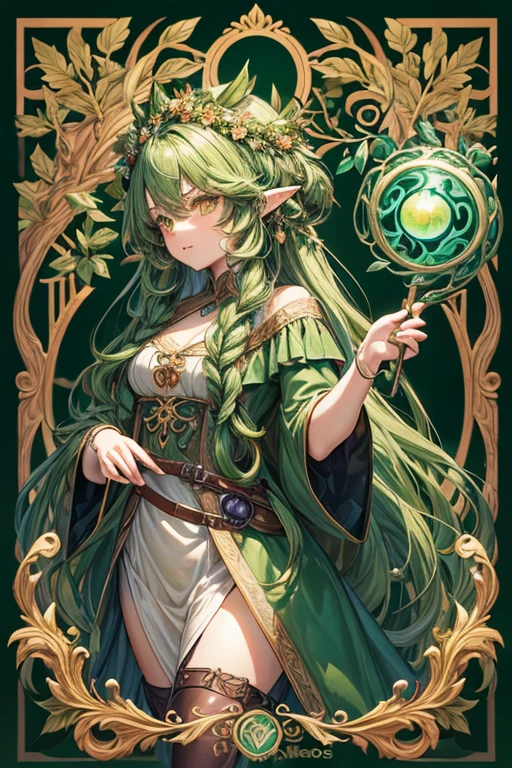 20 year old dryad woman with long curly turquoise green hair , peinado desorenado con adornos de plantas con una flor en el cabello con orejas puntegudas , Medieval green dress leaf ornaments yellow eyes holding a magic staff brown shoes brown leather belt jade ornaments in forest background with magical symbols