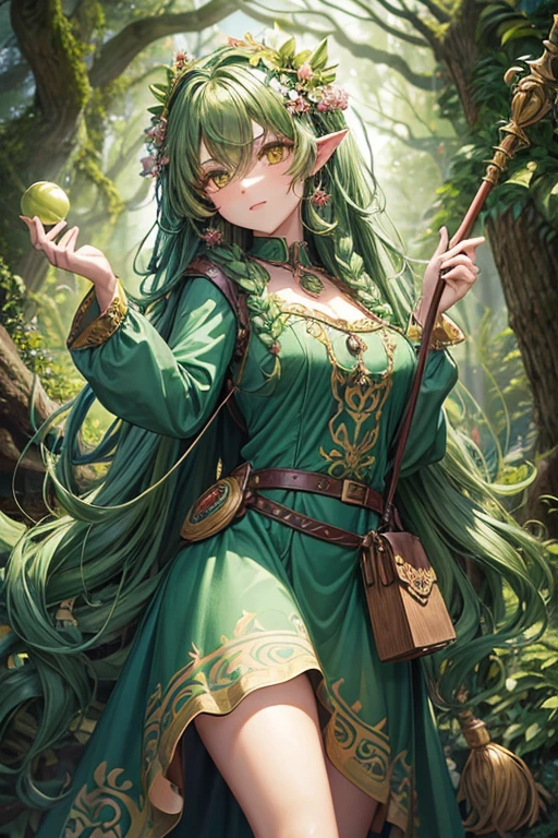 20 year old dryad woman with long curly turquoise green hair , peinado desorenado con adornos de plantas con una flor en el cabello con orejas puntegudas , Medieval green dress leaf ornaments yellow eyes holding a magic staff brown shoes brown leather belt jade ornaments in forest background with magical symbols