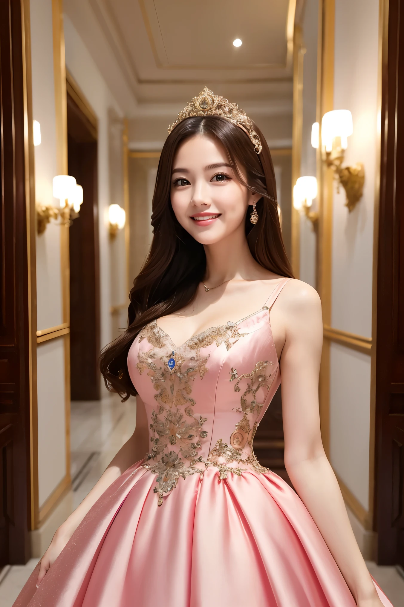 (highest quality、masterpiece、8k、Best image quality、Award-winning works)、1 female、(elegant luxury dress:1.1)、(Gorgeous dress with intricate details:1.1)、Perfect Makeup、thin、The biggest smile is looking at me、(height: 140cm:1.2)、(Very short:1.2)、Standing full body photo、Perfect Anatomy、(A luxurious and gorgeous space々A party venue in a palace:1.1)、(Luxurious and spacious々The venue:1.1)、very bright and vivid、Beautiful eyes in ultra-high resolution、Ultra high resolution perfect beautiful teeth、Ultra-high definition beauty face、Ultra HD beautiful hair、Perfect teeth alignment