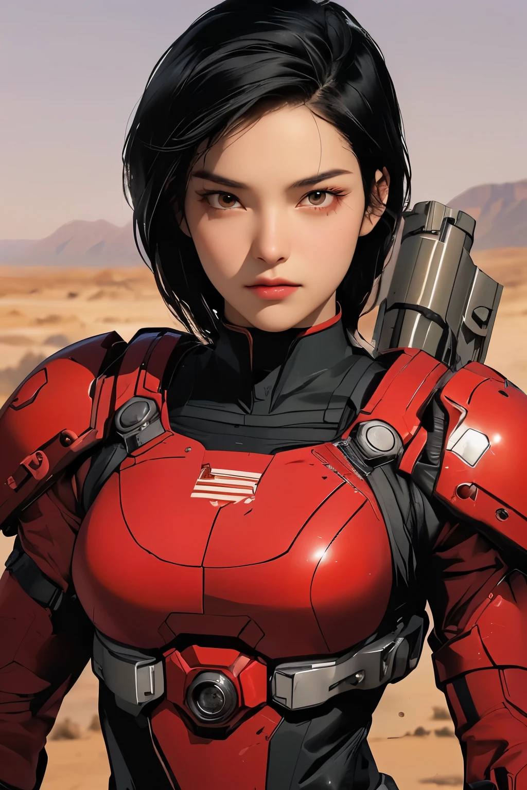 Upper body close-up image. A beautiful woman. Twenty years old. Black hair. She wears a red metallic battle uniform. She is looking at the camera with a tense expression on her face. She holds a small ray gun in one hand. She is standing in a wasteland reminiscent of Mars.