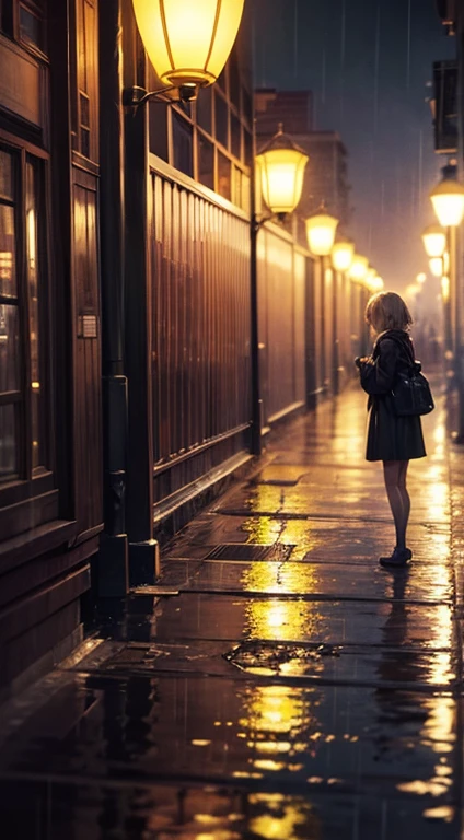 masterpiece:1.2, high quality art:1.1, rain in the night city, melancholic atmosphere, vibrant colours, tanya, add_detail:2