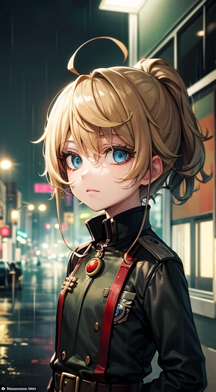 masterpiece:1.2, high quality art:1.1, rain in the night city, melancholic atmosphere, vibrant colours, tanya, add_detail:2