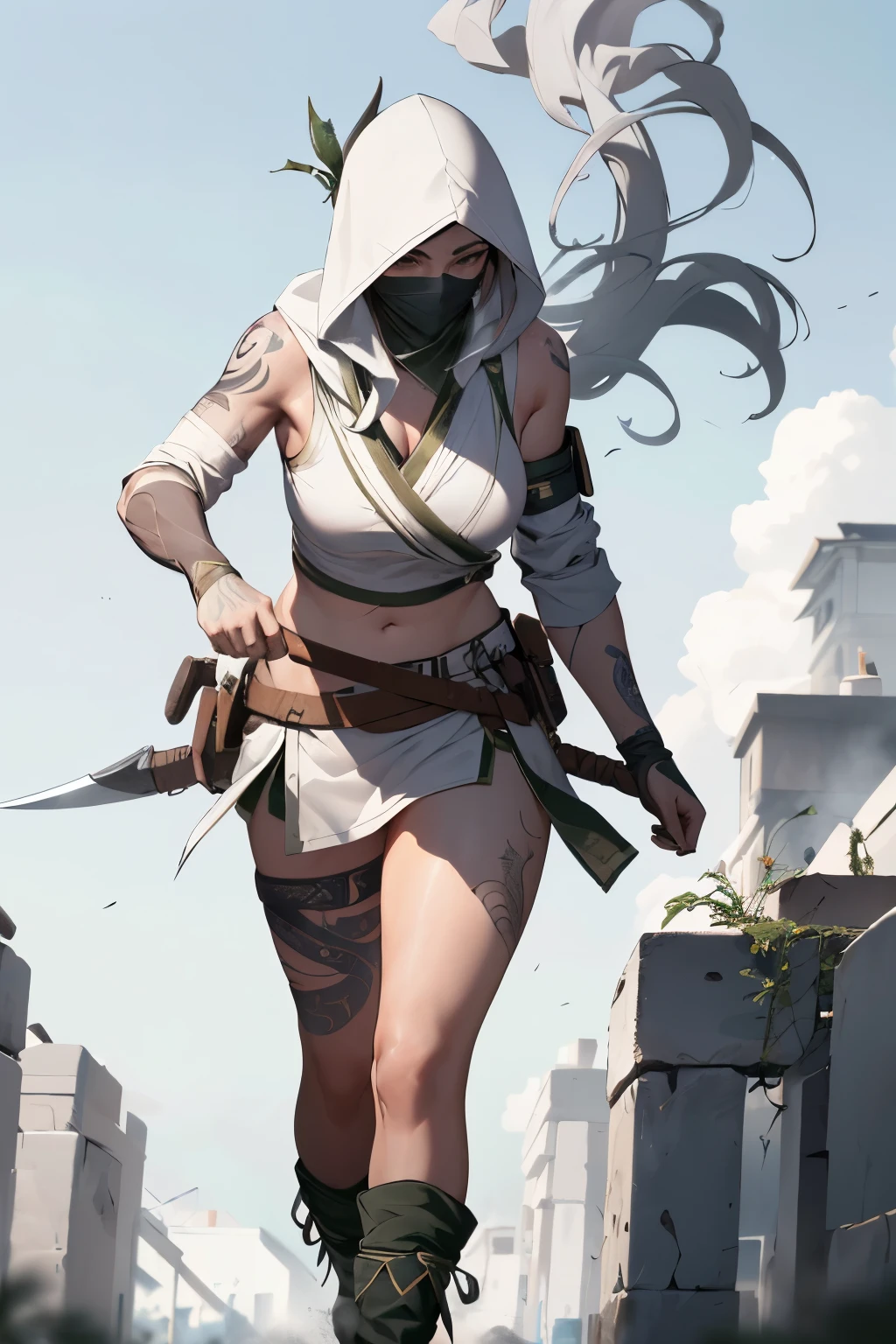 (Best quality,4K,8K,A high resolution,tmasterpiece:1.2),Smoke background, Akali, 1个Giant Breast Girl, long_the sleeve,White hood,White shorts,,Tattooed with , Permanent, full_body, arma,sickle,daggers,,White boots, Leucorrhoea,White mask,Outdoor activities,buildings