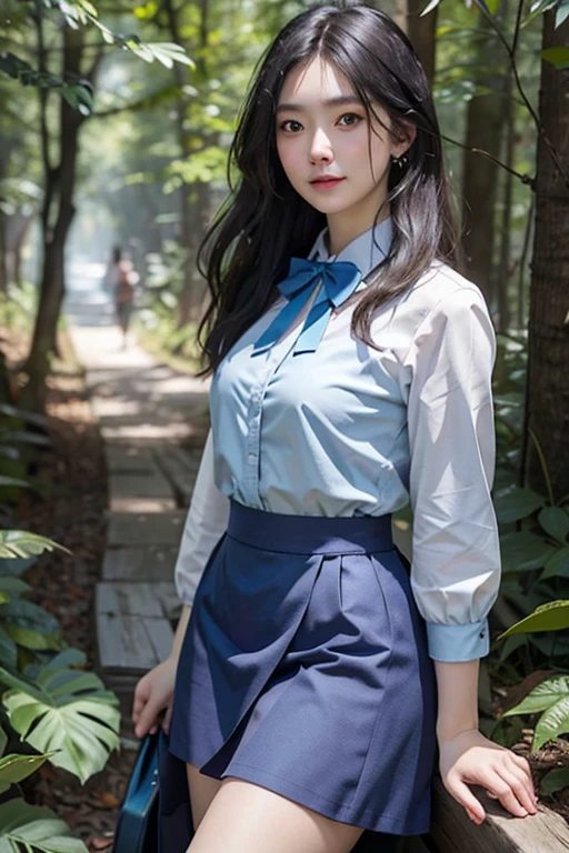 a cute girl,20 yo,Light Blue eyes, black hair, Long Bohemian Hairstyle, wearing (Sky Blue) A-line skirt and blouse, at A dark, mysterious forest with twisted branches and creeping vines, front view, earrings,bowtie, during midday,Cinematic lighting , ((masterpiece)), (best quality), (highres), original, extremely detailed 8K , (photorealistic:1.4),flawless face, perfect eyes,symmetrica body shape,(full body),smile,