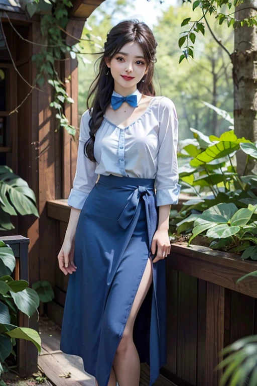 a cute girl,20 yo,Light Blue eyes, black hair, Long Bohemian Hairstyle, wearing (Sky Blue) A-line skirt and blouse, at A dark, mysterious forest with twisted branches and creeping vines, front view, earrings,bowtie, during midday,Cinematic lighting , ((masterpiece)), (best quality), (highres), original, extremely detailed 8K , (photorealistic:1.4),flawless face, perfect eyes,symmetrica body shape,(full body),smile,