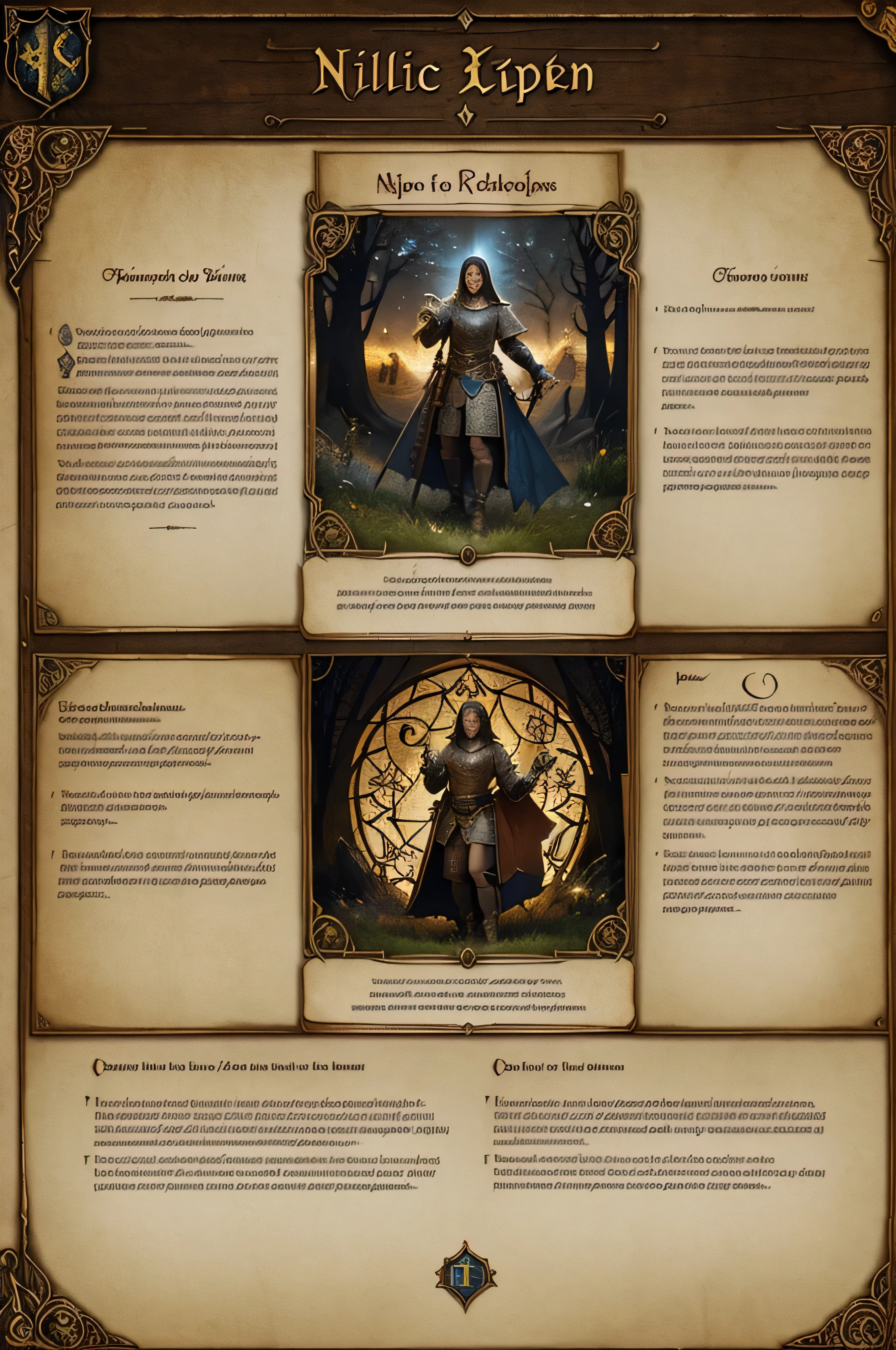 A fantasy roleplay character sheet with boxes for writing in, designed in the style of a medieval tapestry, with elaborate borders depicting scenes of mythical creatures and epic battles. Within these borders are smaller boxes for recording character attributes and abilities, creating a visually stunning and immersive experience for players. (Inspiration: Medieval artwork, epic fantasy imagery)