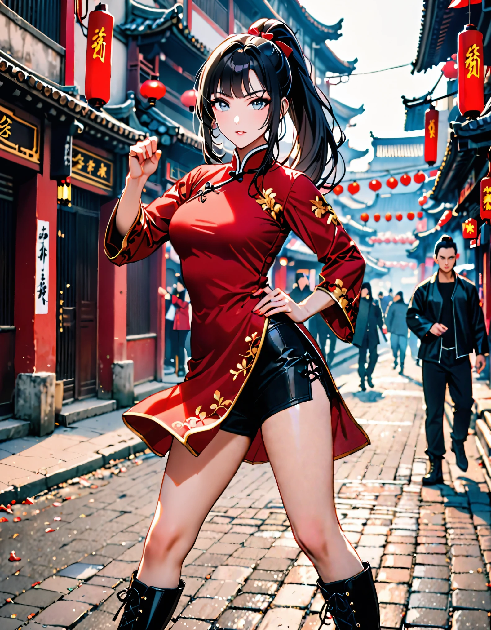 best quality, masterpiece, highres, wuxia, 1girl, solo, solo focus, (black hair, long hair, ponytail), grey eyes, red china dress, red bow, black biker shorts, super gorgeous face, super gorgeous eye, super gorgeous hair, kung-fu fight, boots, full body shot, chinatown street backdrop