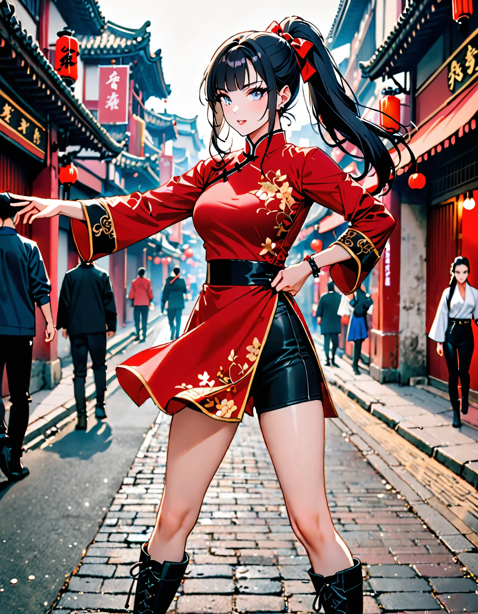 Anime girl in red and black outfit posing on a street - SeaArt AI