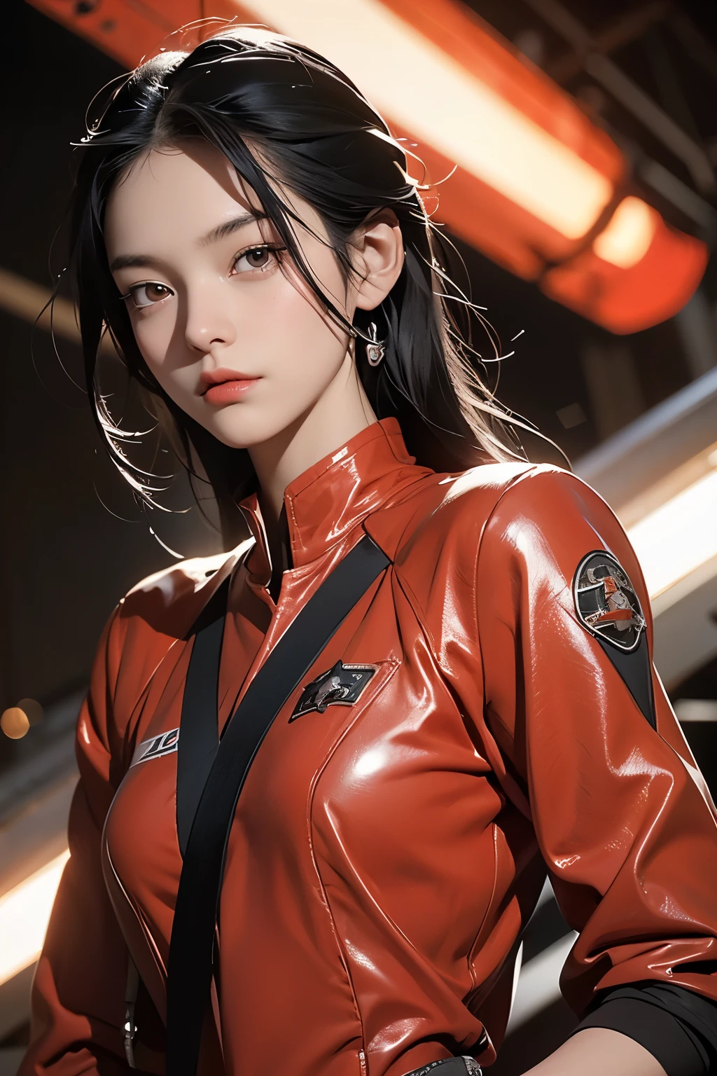 Upper body close-up image. A beautiful woman. Twenty years old. Black hair. She wears a red metallic battle uniform. She is looking at the camera with a tense expression on her face. She holds a small ray gun in one hand. She is standing in a wasteland reminiscent of Mars.