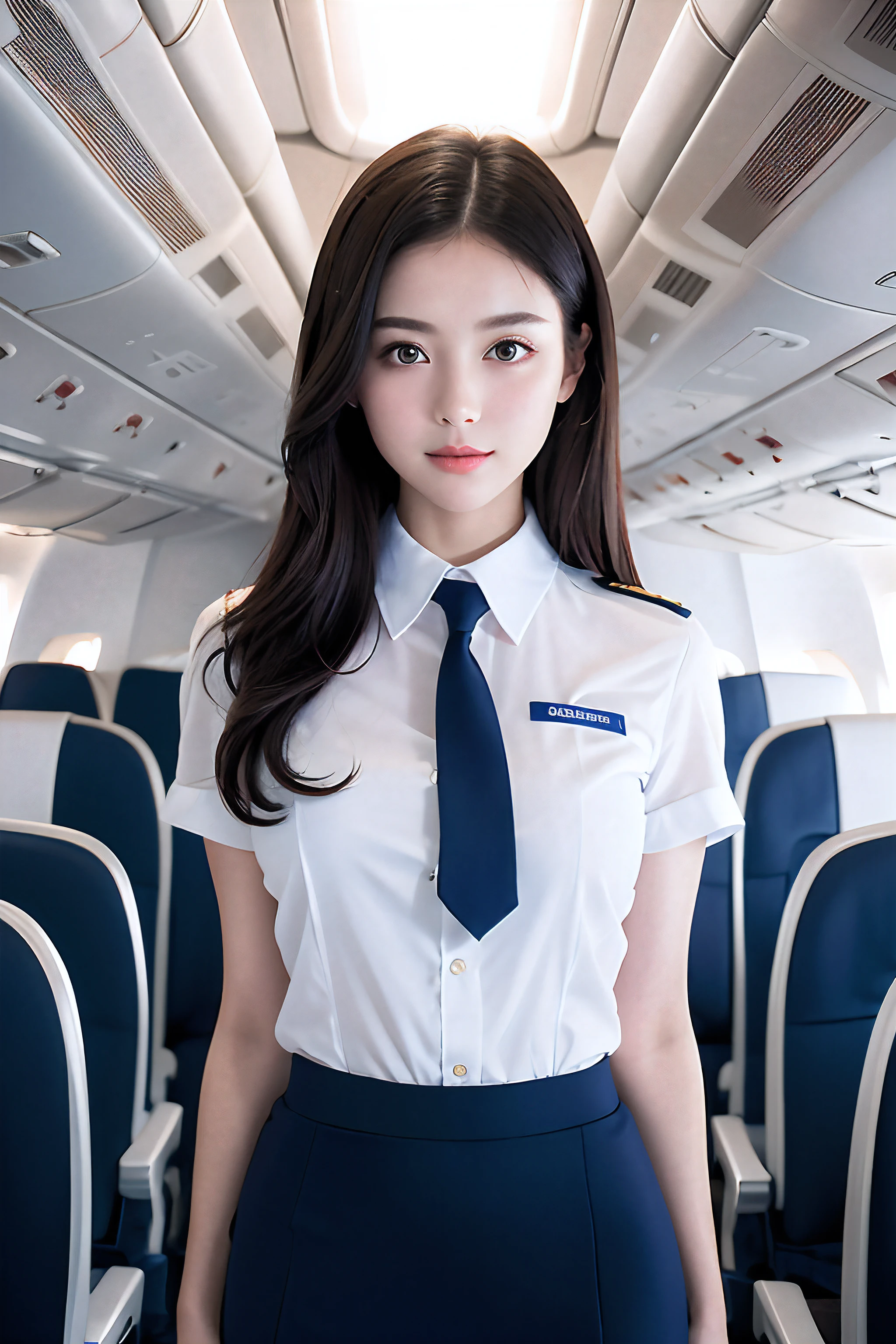Top Quality, Masterpiece, 8K, Ultra High Definition, (Photorealistic: 1.4), 1 Girl, Beautiful Face, Symmetrical Eyes, Big, Perfect Body Proportions, Stewardess Uniform, Viewer's Look, (Inside the Airplane: 1.2), Front View, Shoulder Jump, Absolute Area (1.3),