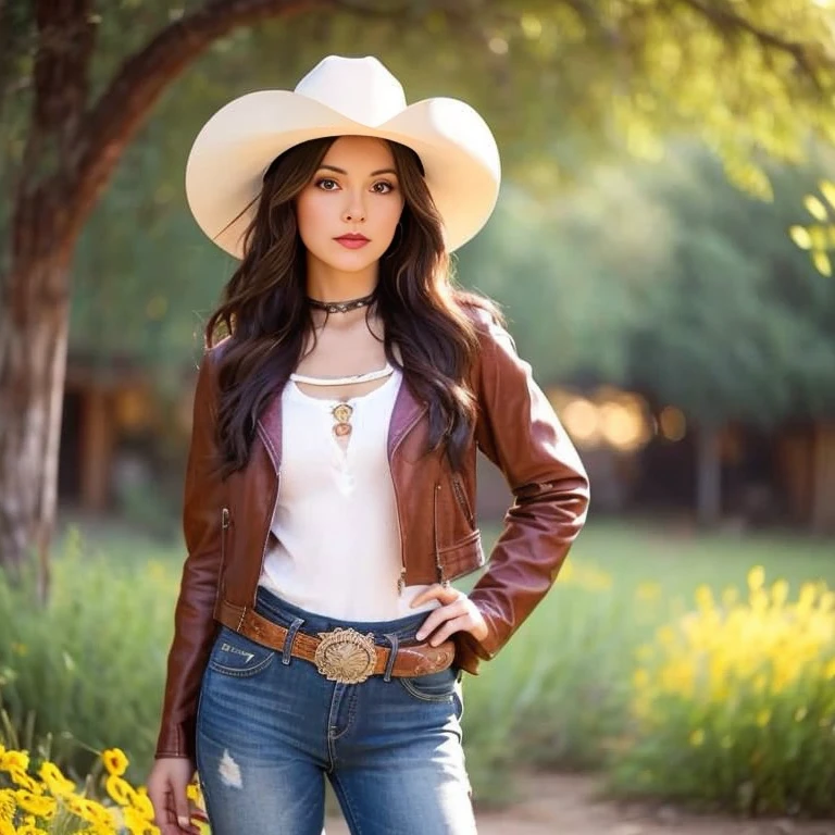 A woman wearing a cowboy hat and jeans is taking pictures., western cowgirl, cowgirl, female cowgirl, Western clothes, cowgirl, cowboy style, The beautiful female jade tailor, brown leather jacket, photography modeling, short brown leather jacket, country style, Mexican Vaquero, 🤠 By using 🖥, white cowboy hat, Absolutely outstanding, southern girl