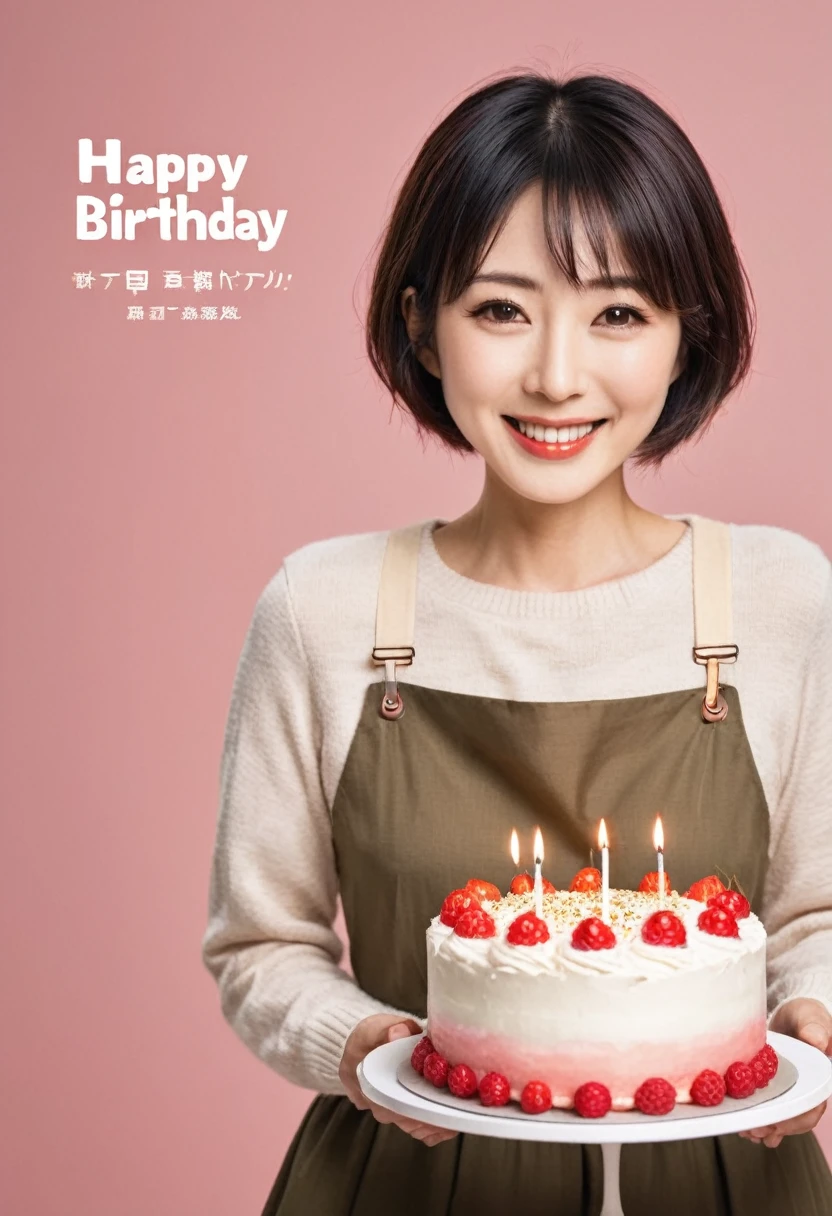 create an image of a Japanese woman with short hair holding a cake with the inscription "Happy Birthday"