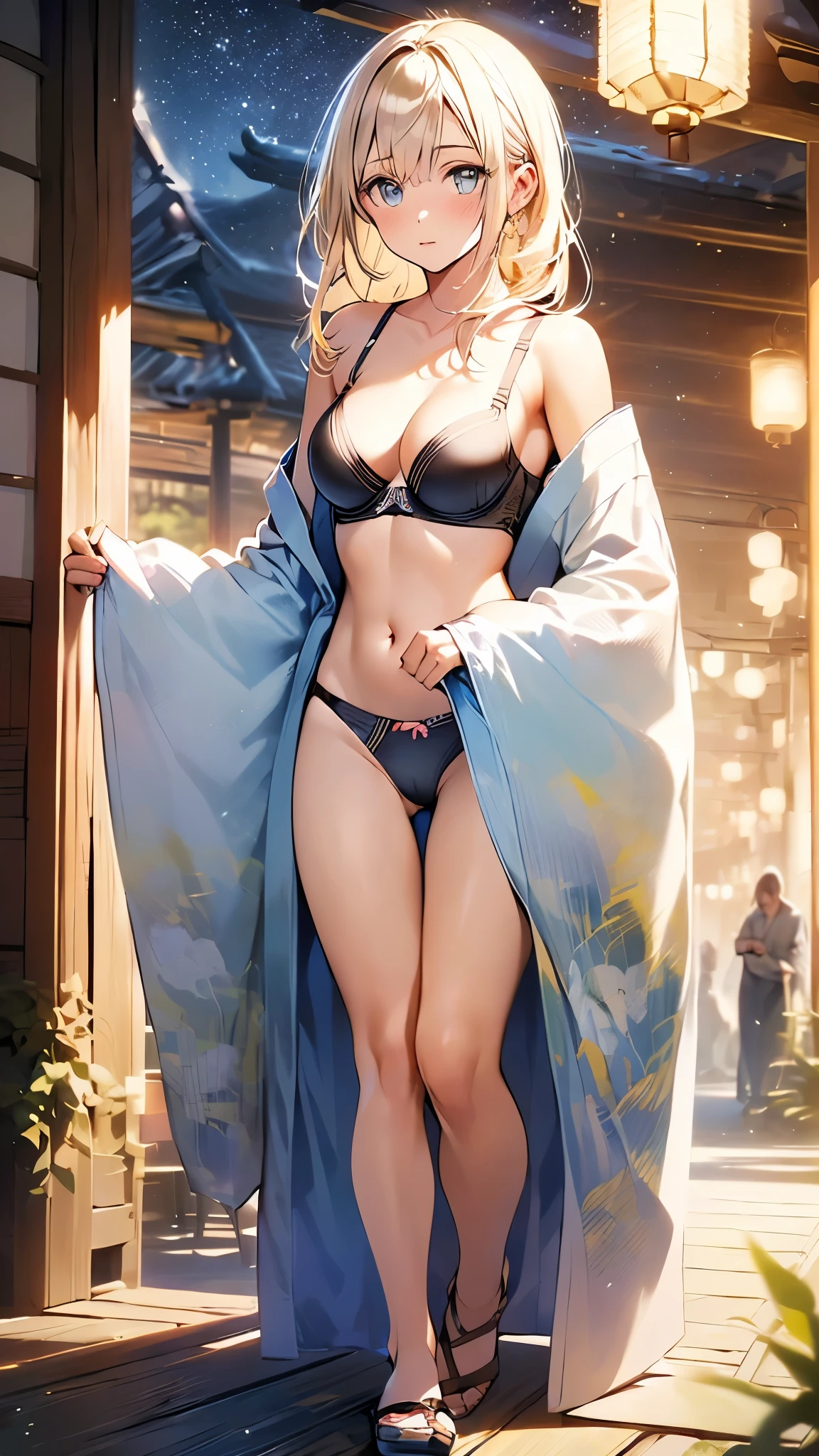 (((night,真night中))),(whole body),(((Cinema Lighting))),((Perfect Anatomy:1.2,Realistic:1.3,RAW Photos:1.3,masterpiece、highest quality、Ultra - High resolution、High resolution、Highly detailed CG、8k)),((attractive way to sit)),1 female,alone,18-year-old、High school girl beautiful girl,Japanese,((Beautiful and graceful face and eyes:1.2,Big beautiful eyes:1.0,)),(Bright Eyes),((Beautiful woman))、((blonde)),Long Hair,(Center parted hair:1.4,amount),Medium Chest,((The body is slim)),Small Head:1.3,skinny,(Brown Skin:1.8),((Oily skin,Glowing Skin,Shiny skin,Sweat:1.4)),((Model pose)),(((Kimono 1.0))),{{{}}},(prostituti(Turn your body forward)),Stick out your crotch、(Detailed depiction of the crotch),break,(((Satin Bra)))、(((satin panties)))、(Shiny bra:iny panties:2))、(((Paslored under6))),((((Bra and panties are painted in the same color))))、 Bra 2)),((Shiny panties 2))
