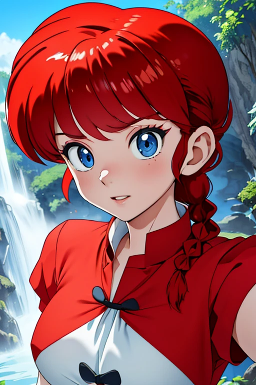 (8k, RAW photo, best quality, masterpiece:1.2),    RanmaChan, RanmaRedShirt, red hair, blue eyes, waterfall background, medium breasts, selfie