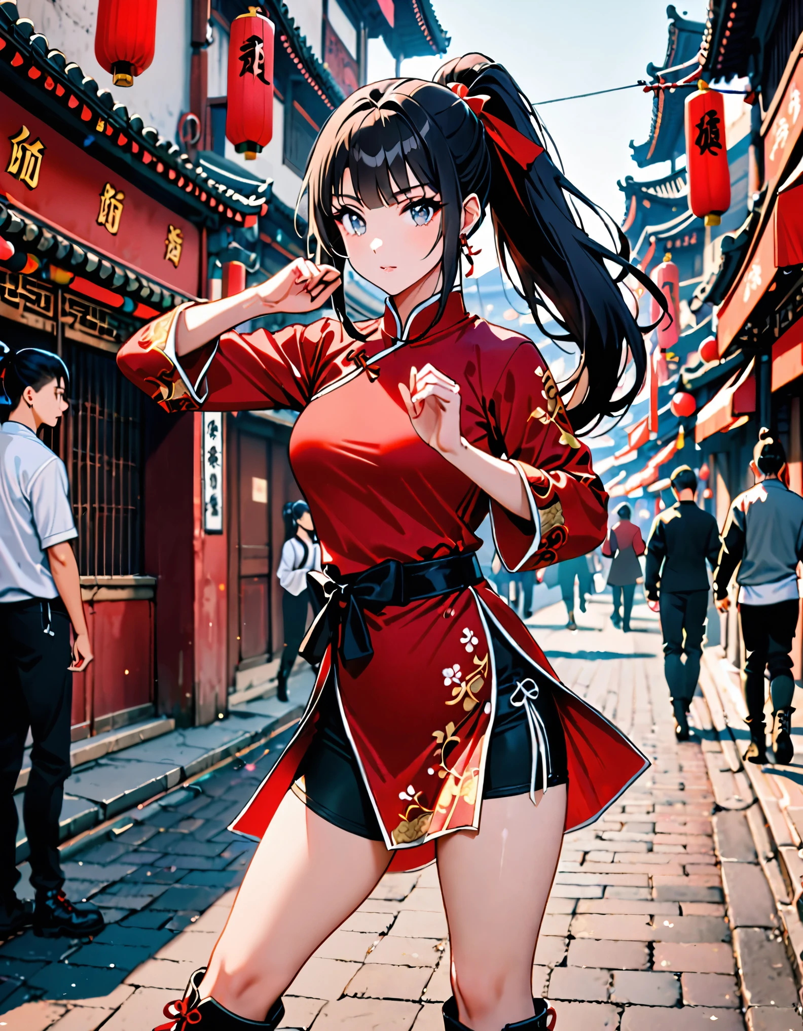 best quality, masterpiece, highres, wuxia, 1girl, solo, solo focus, (black hair, long hair, ponytail), grey eyes, red china dress, red bow, black biker shorts, beautiful detailed eyes, beautiful detailed face, cute face, super gorgeous hair, kung-fu fight, boots, full body shot, chinatown street backdrop