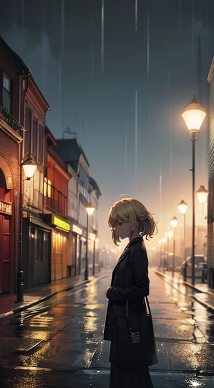 masterpiece:1.2, high quality art:1.1, rain in the night city, melancholic atmosphere, vibrant colours, tanya, add_detail:2