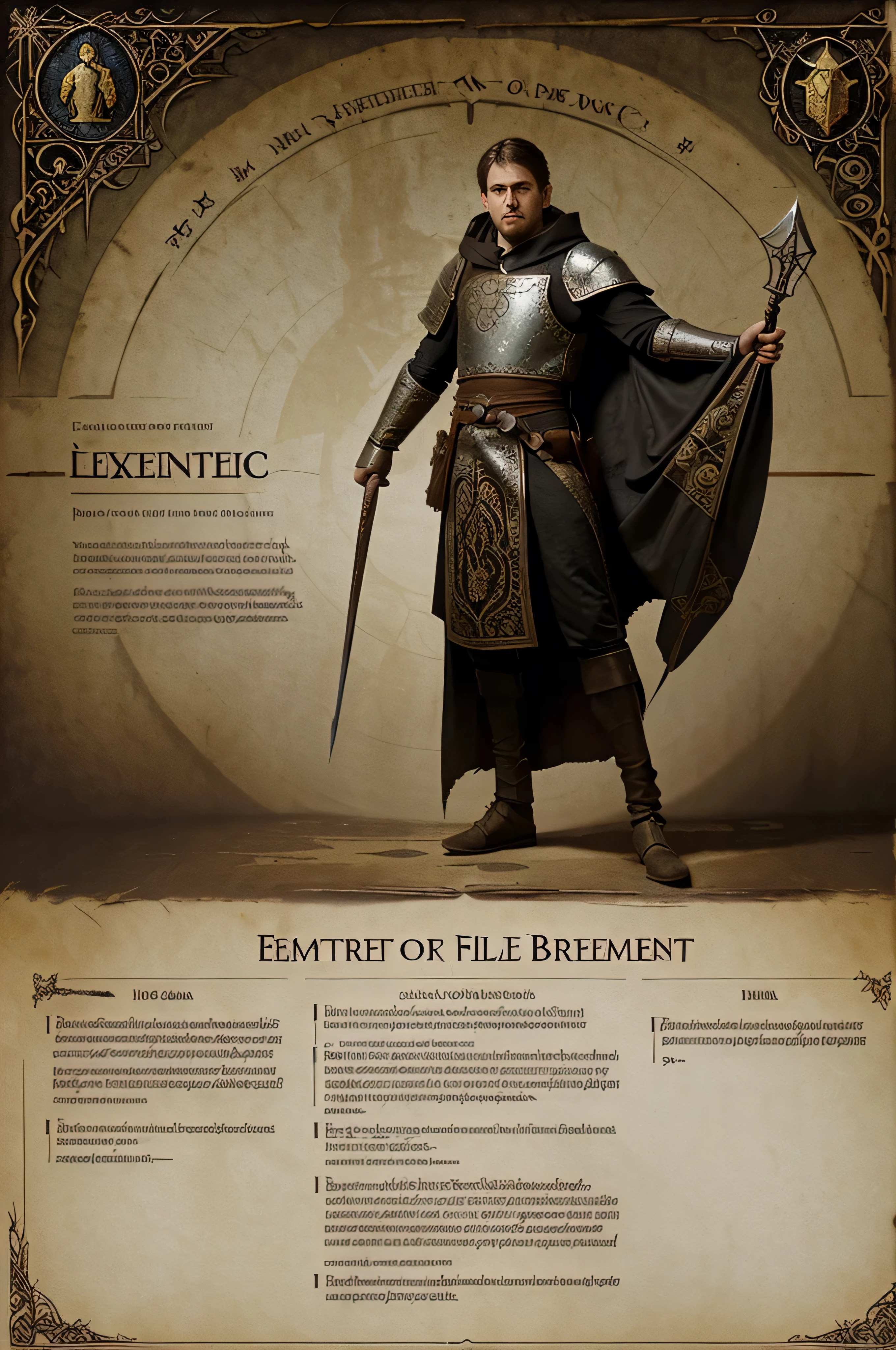 A fantasy roleplay character sheet with empty blank boxes for writing in, designed in the style of a medieval tapestry, with elaborate borders depicting scenes of mythical creatures and epic battles. Within these borders are smaller boxes for recording character attributes and abilities, creating a visually stunning and immersive experience for players. (Inspiration: Medieval artwork, epic fantasy imagery)