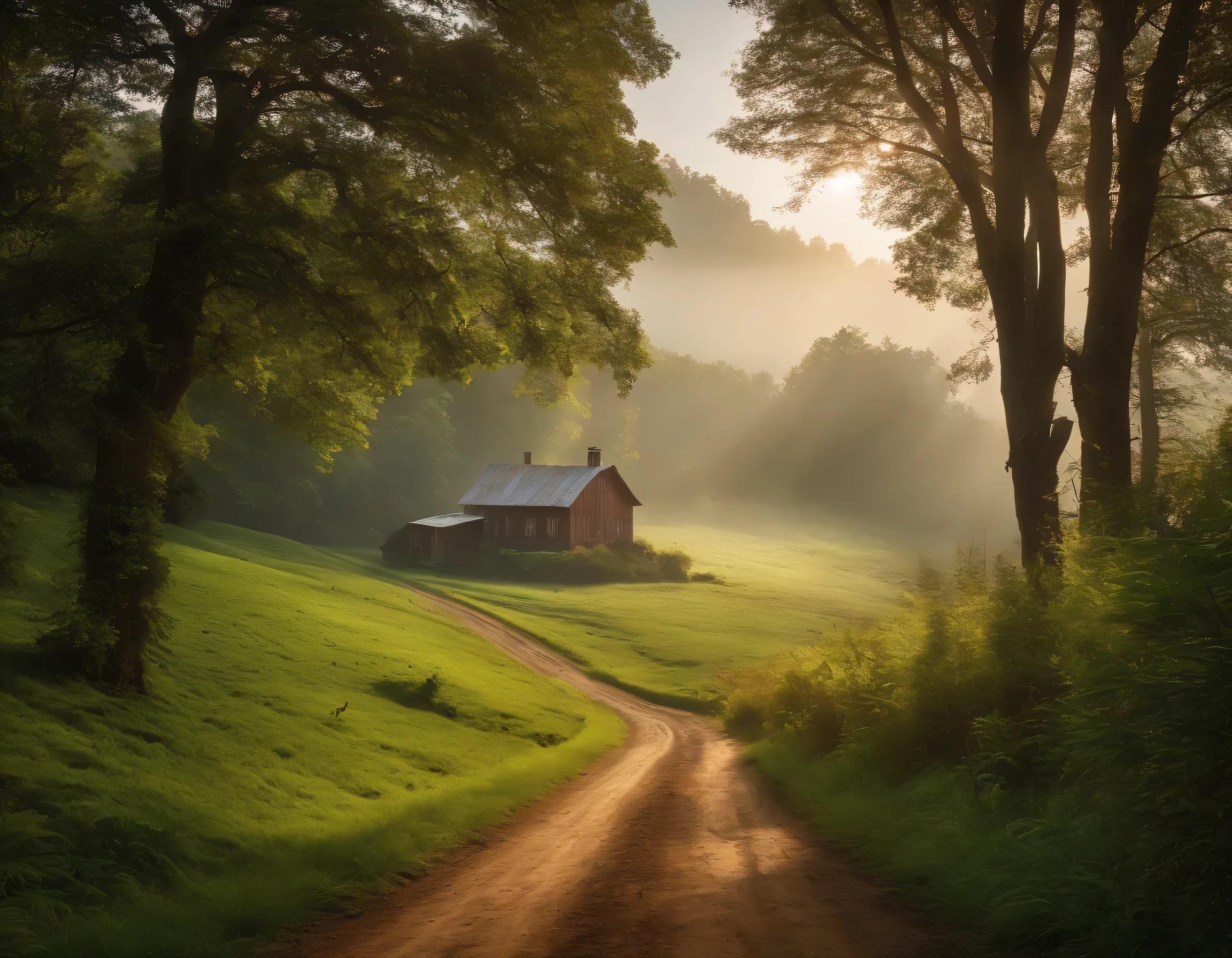 Remote farmhouse among lush beautiful hills, fog, Sun rays, dirt path through dense forest in foreground
