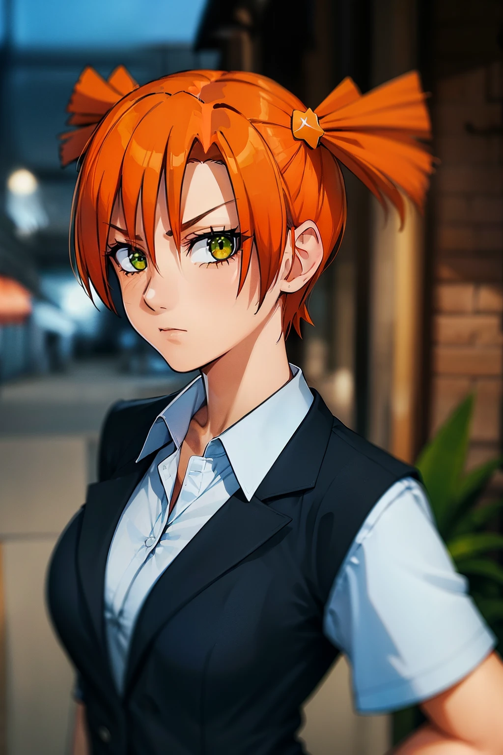 (dark shot:1.4), 80mm, dvache, 1girl, solo, looking at viewer, short hair, blue shirt, hair ornament, twintails, blurry, black jacket, upper body, short sleeves, orange hair, green eyes, short twintails, , starfish hair clip , twintails, standing, kind, sad, shy, black hair