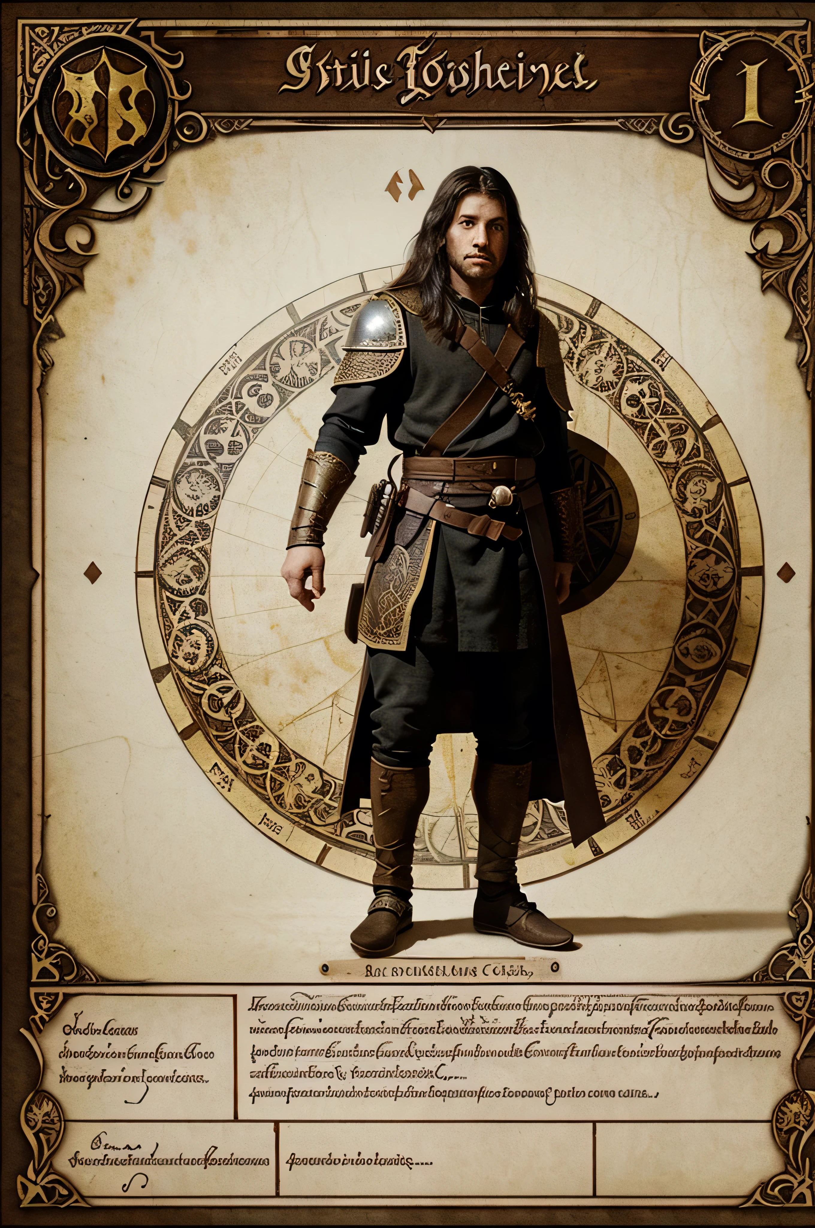 A fantasy roleplay character sheet with small empty blank boxes for writing in, designed in the style of a medieval tapestry, with elaborate borders depicting scenes of mythical creatures and epic battles. Within these borders are smaller boxes for recording character attributes and abilities, creating a visually stunning and immersive experience for players. (Inspiration: Medieval artwork, epic fantasy imagery)