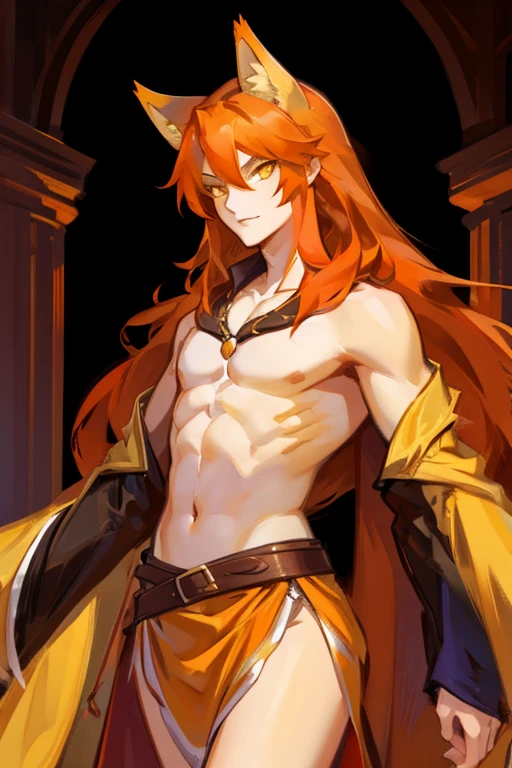 (1adult male, chest long girly orange hair, yellow eyes,)
