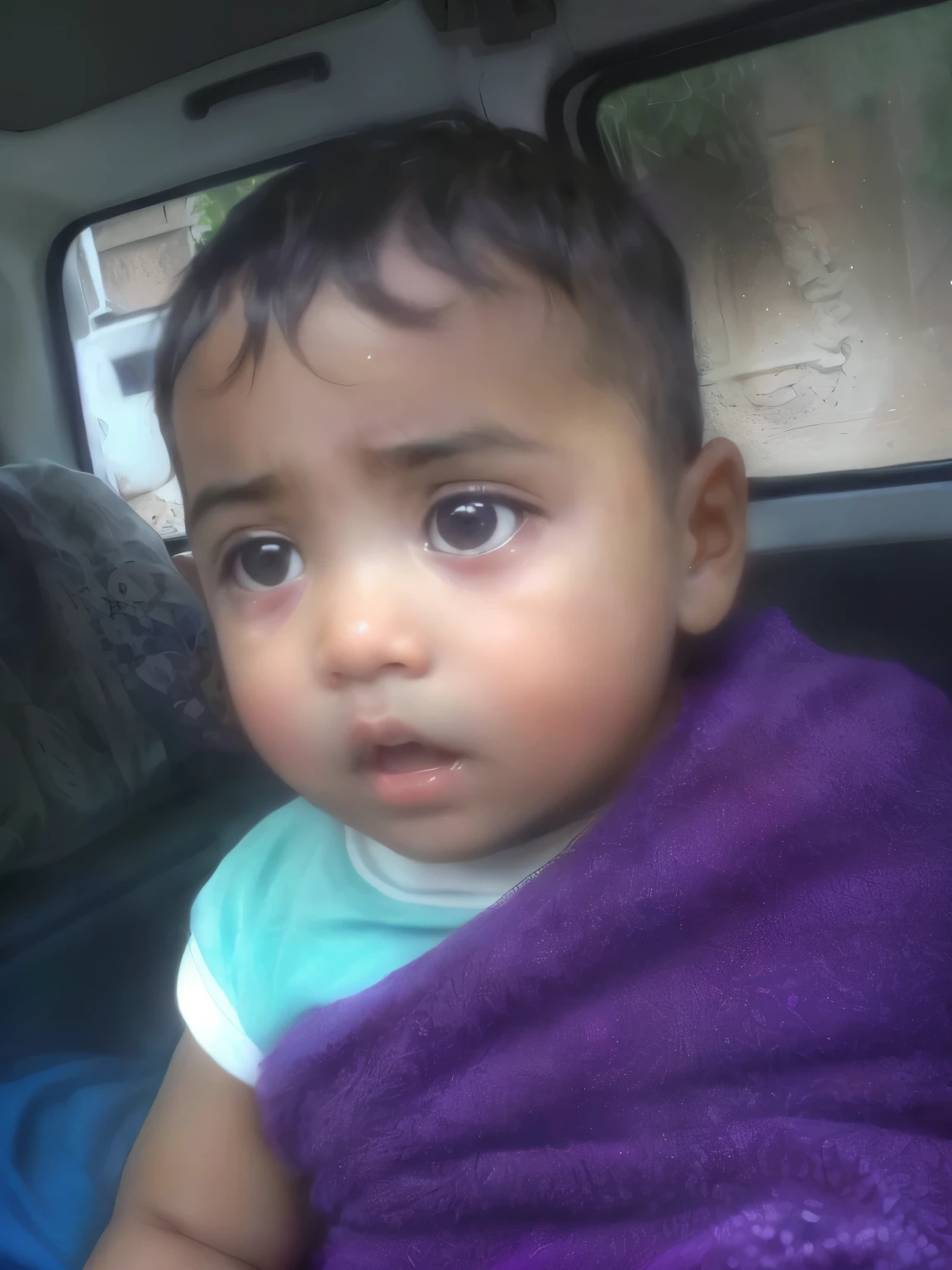 there is a baby wrapped in a purple blanket in the back of a car, ayan nag, very very very beautifull face, very very low quality picture, horrified look in his eyes, with a sad expression, innocent face, with cute doting eyes, young , help me, innocent look, taken with the best dlsr camera