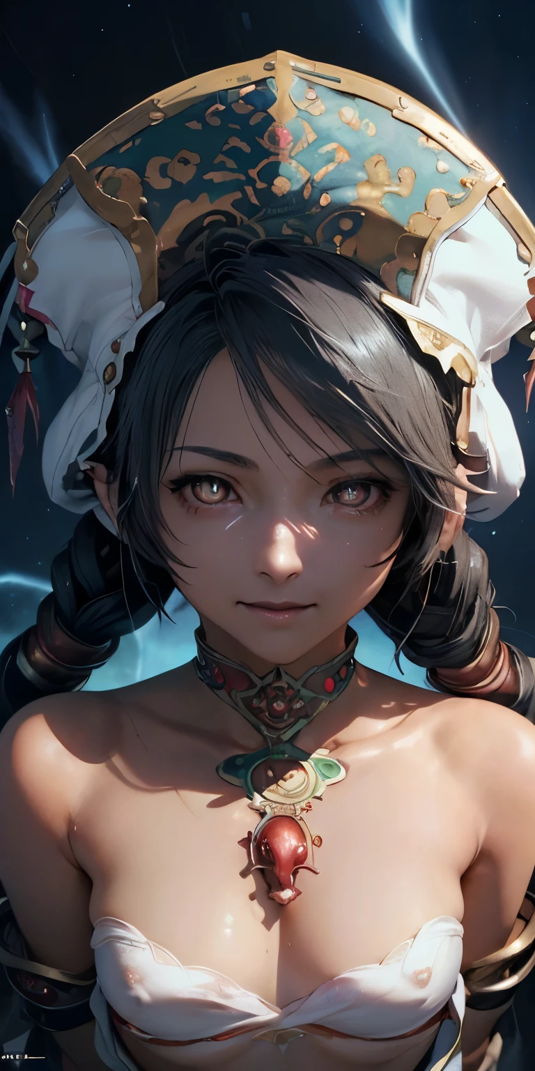 (masterpiece, best quality:1.3), (final fantasy artwork concept:1.5), (upper body:1.3), perfect face, expressive eyes, 1girl, looking at viewer, ************, (slim body, small breast:1.3), beautiful, anime, girl, lora, talim, 1girl, dark skin, black hair, braid pigtails, white hat, arabic clothes, see-through, (covering chest by hands:1.5), (corrupt, brainwashed, hypnotized, mind controlled:1.5), (evil smile:2.0), (big cute eyes:1.5), (empty eyes, simple eyes, glowing red pupils:2.0), (crotch tattoo, glowing tattoo:1.5), (cinematic lighting, fairy tale, realistic, dream-like, enchanting atmosphere:1.5), (fantastic and beautiful night sky, abandoned park:1.5),