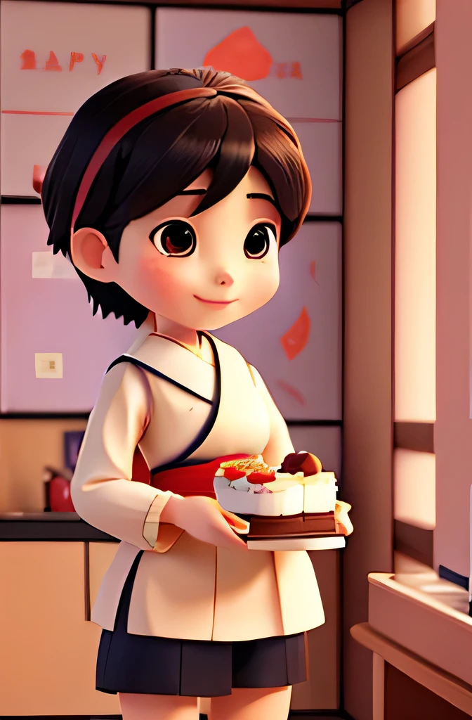 create an image of a Japanese woman with short hair holding a cake with the inscription "Happy Birthday"
