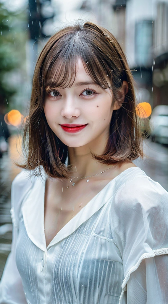 ((highest quality, 8k, masterpiece:1.3)), concentrated: 1.2, Perfect body beauty: 1.4, Hips: 1.2, ((Layered Haircut, chest: 1.2)), (Wet clothes: 1.1), (rain, street:1.3), Bandeau dress: 1.1, Highly detailed face and skin texture, Beautiful Eyes, double eyelid, Whitening skin, Long Hair, (shut up: 1.3), smile