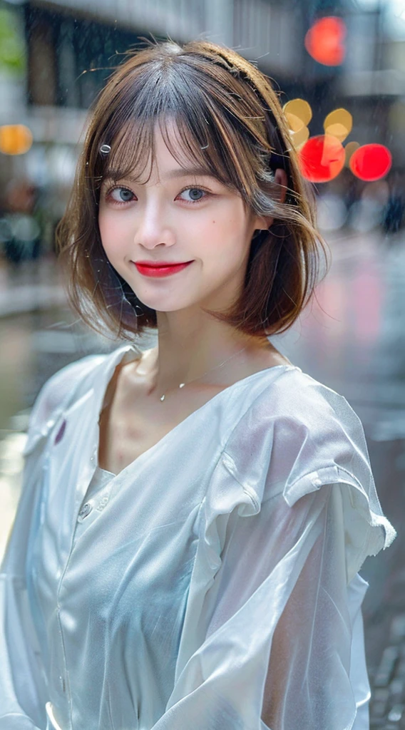 ((highest quality, 8k, masterpiece:1.3)), concentrated: 1.2, Perfect body beauty: 1.4, Hips: 1.2, ((Layered Haircut, chest: 1.2)), (Wet clothes: 1.1), (rain, street:1.3), Bandeau dress: 1.1, Highly detailed face and skin texture, Beautiful Eyes, double eyelid, Whitening skin, Long Hair, (shut up: 1.3), smile