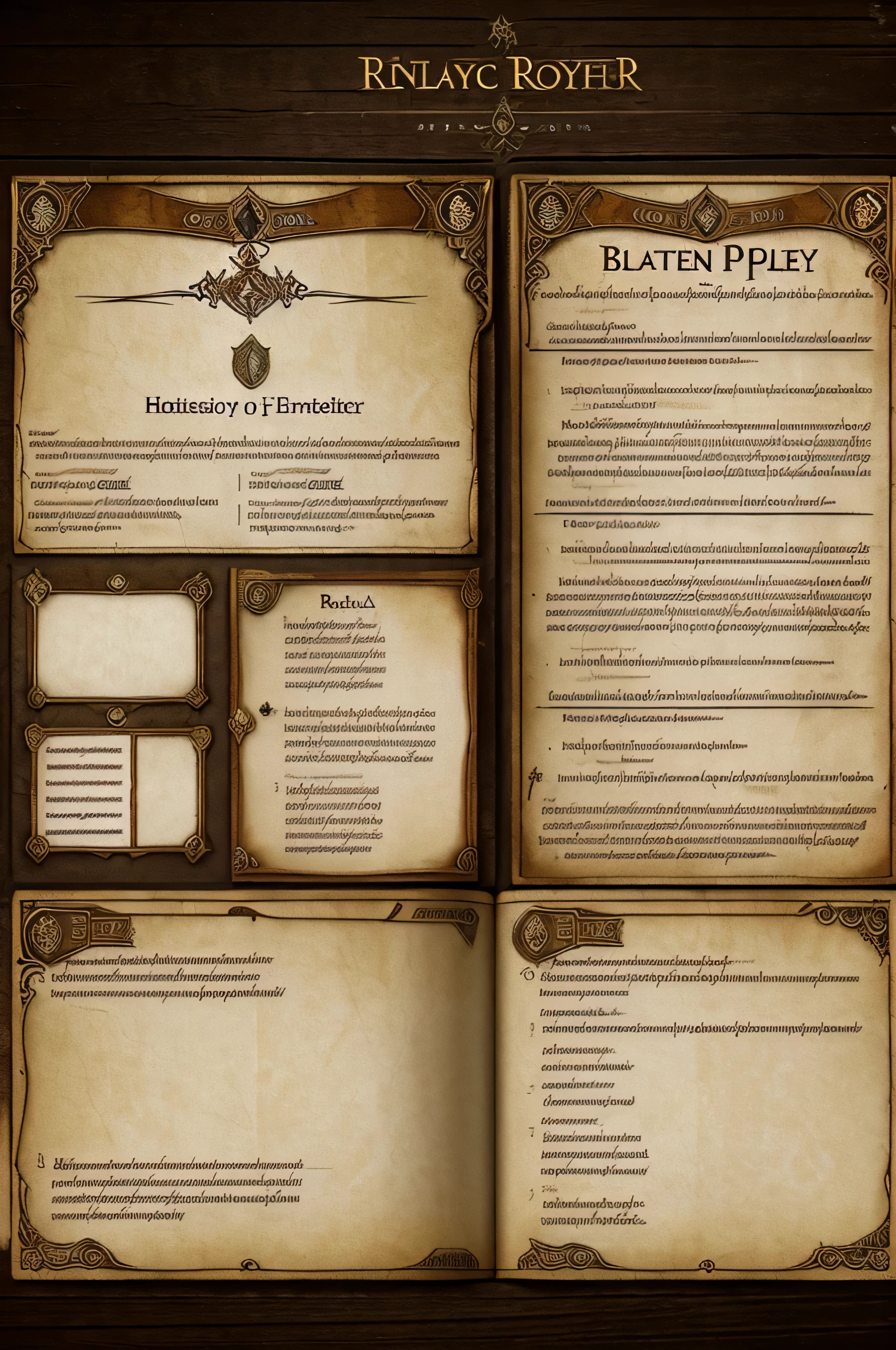A fantasy roleplay character sheet empty blank boxes for writing history in, designed in the style of a medieval tapestry, with elaborate borders depicting scenes of mythical creatures and epic battles. Within these borders are smaller boxes for recording character attributes and abilities, creating a visually stunning and immersive experience for players. (Inspiration: Medieval artwork, epic fantasy imagery)