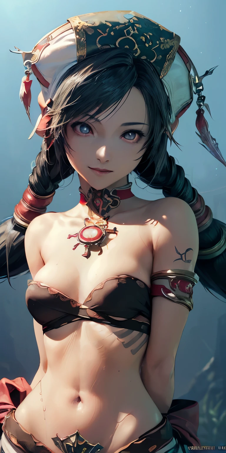 (masterpiece, best quality:1.3), (final fantasy artwork concept:1.5), (upper body:1.3), perfect face, expressive eyes, 1girl, looking at viewer, ************, (slim body, small breast:1.3), beautiful, anime, girl, lora, talim, 1girl, dark skin, black hair, braid pigtails, white hat, arabic clothes, see-through, (covering chest by hands:1.5), (corrupt, brainwashed, hypnotized, mind controlled:1.5), (evil smile:2.0), (big cute eyes:1.5), (empty eyes, simple eyes, glowing red pupils:2.0), (crotch tattoo, glowing tattoo:1.5), (cinematic lighting, fairy tale, realistic, dream-like, enchanting atmosphere:1.5), (fantastic and beautiful night sky, abandoned park:1.5),