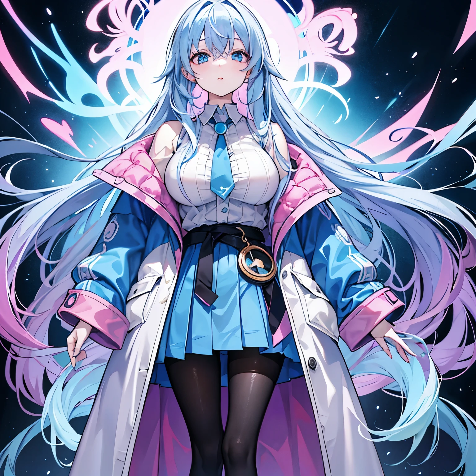 a woman with 150cm big , 1,40 meter, has blue long hair painted pink from the middle down, has blue eyes and soft skin, wears a blue shirt, a beige coat falling off her shoulders, a blue skirt and black Pantyhose