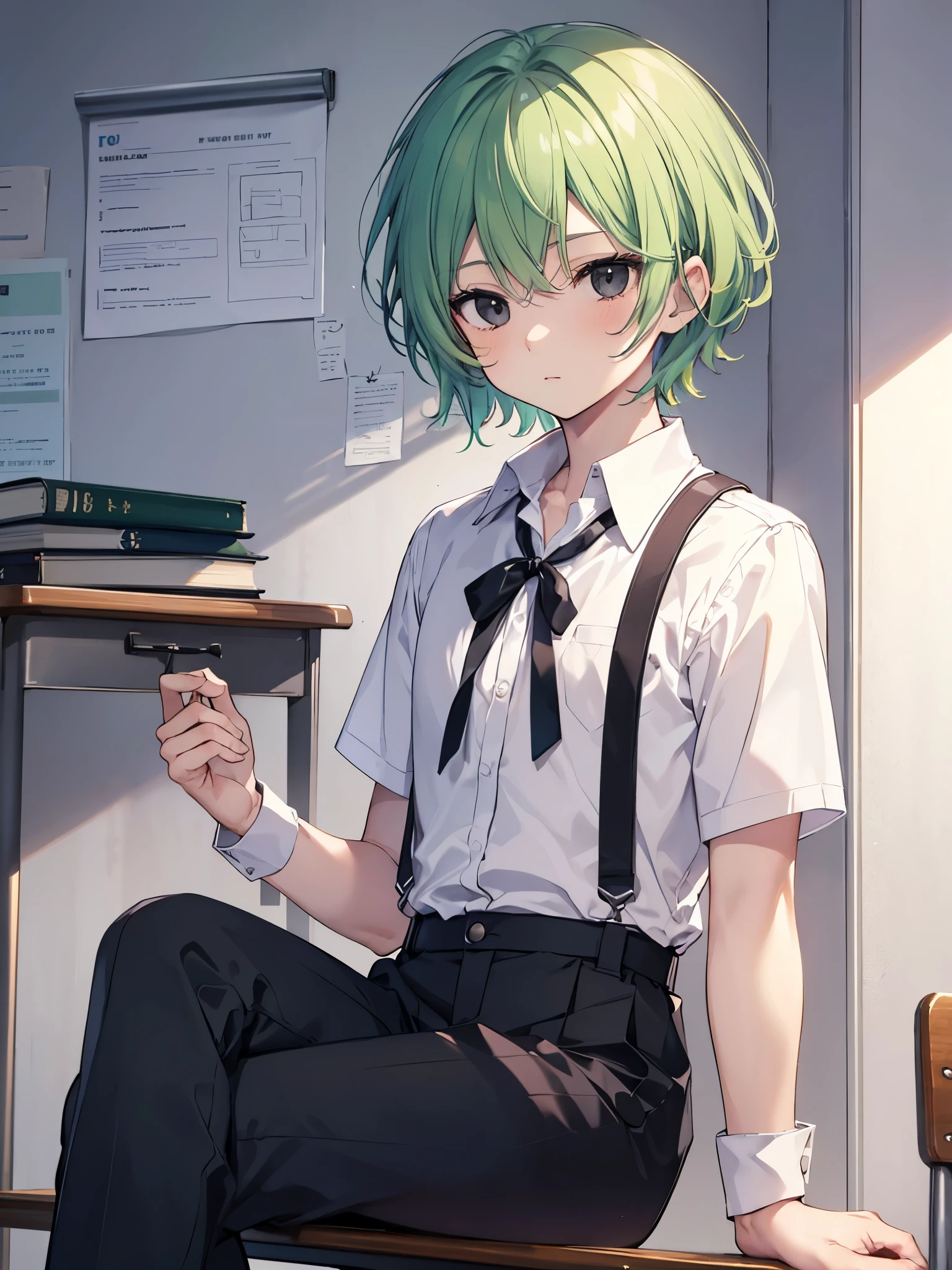 1boy, green hair, beautiful boy, ((black eyes)), white shirt, school uniform, black trousers, very short hair