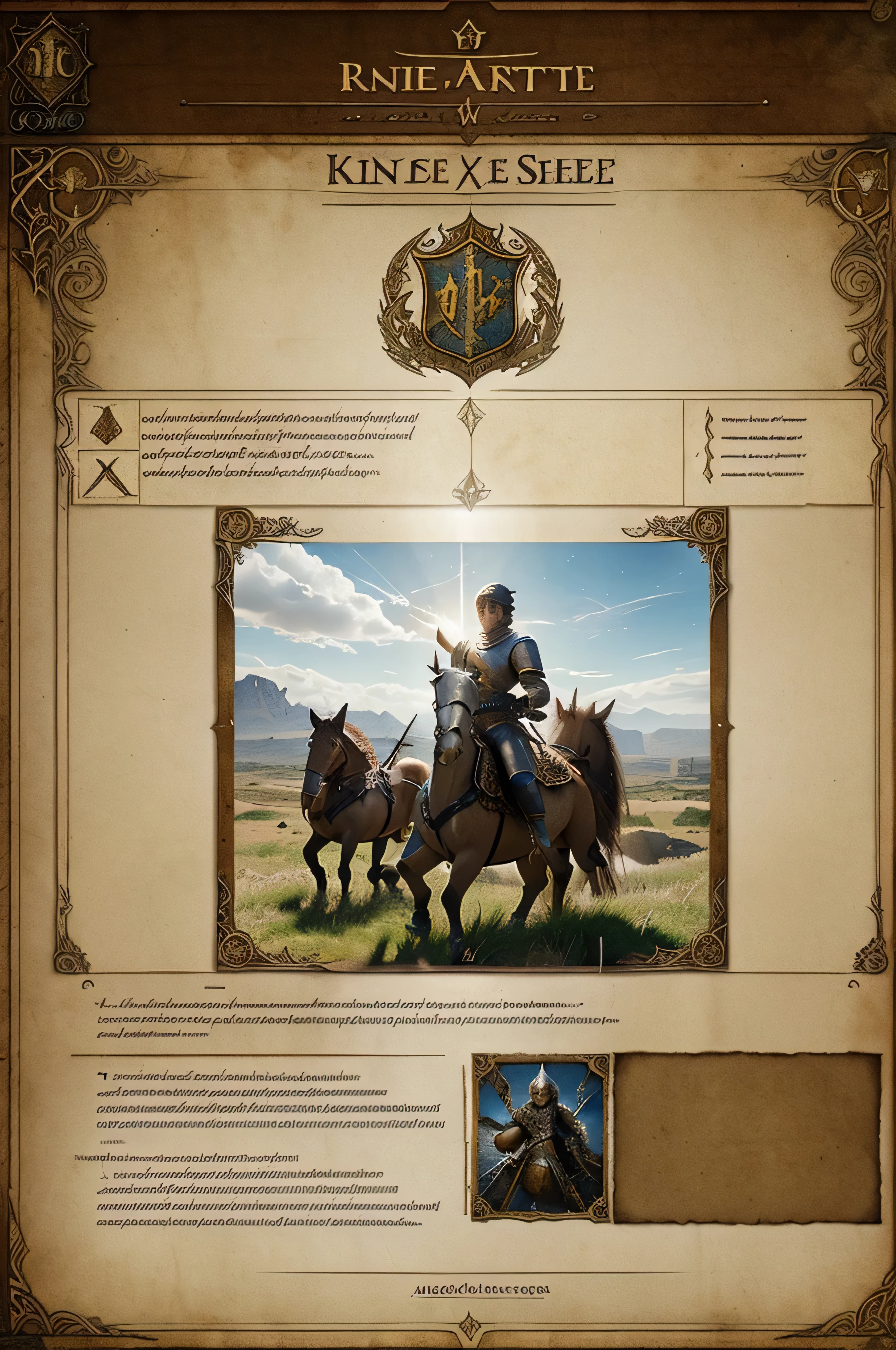 A fantasy roleplay character sheet empty blank boxes for weapon stats, designed in the style of a medieval tapestry, with elaborate borders depicting scenes of mythical creatures and epic battles. Within these borders are smaller boxes for recording character attributes and abilities, creating a visually stunning and immersive experience for players. (Inspiration: Medieval artwork, epic fantasy imagery)