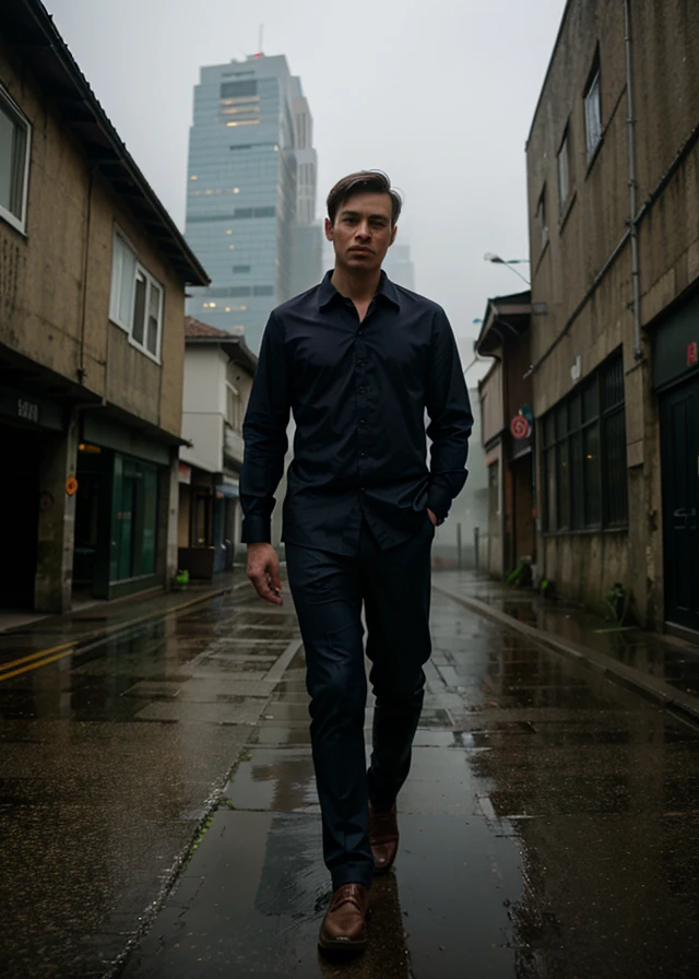 A man wearing rich shirt, in a gloomy area, mist, full body portrait