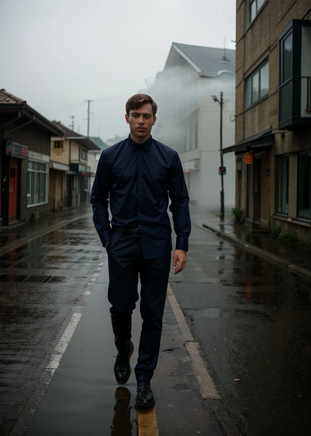 A man wearing rich shirt, in a gloomy area, mist, full body portrait