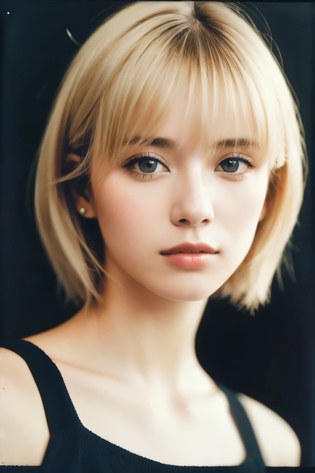 Photograph (m4rk1ep0st-130:0.99), Woman, Close Up Portrait, Ultra Textured Skin, Perfect Blonde Hair, Long 80's Haircut, Posing, (Vintage Photo, One Shoulder Top, Skinny Pants), (Close Up Portrait, looks straight into the camera), 24mm, (tintype), (analog, film, film grain: 1.3), ((simple background, gradient)), ((detailed eyes)), (zumberst: 1.1), (epicPhoto)