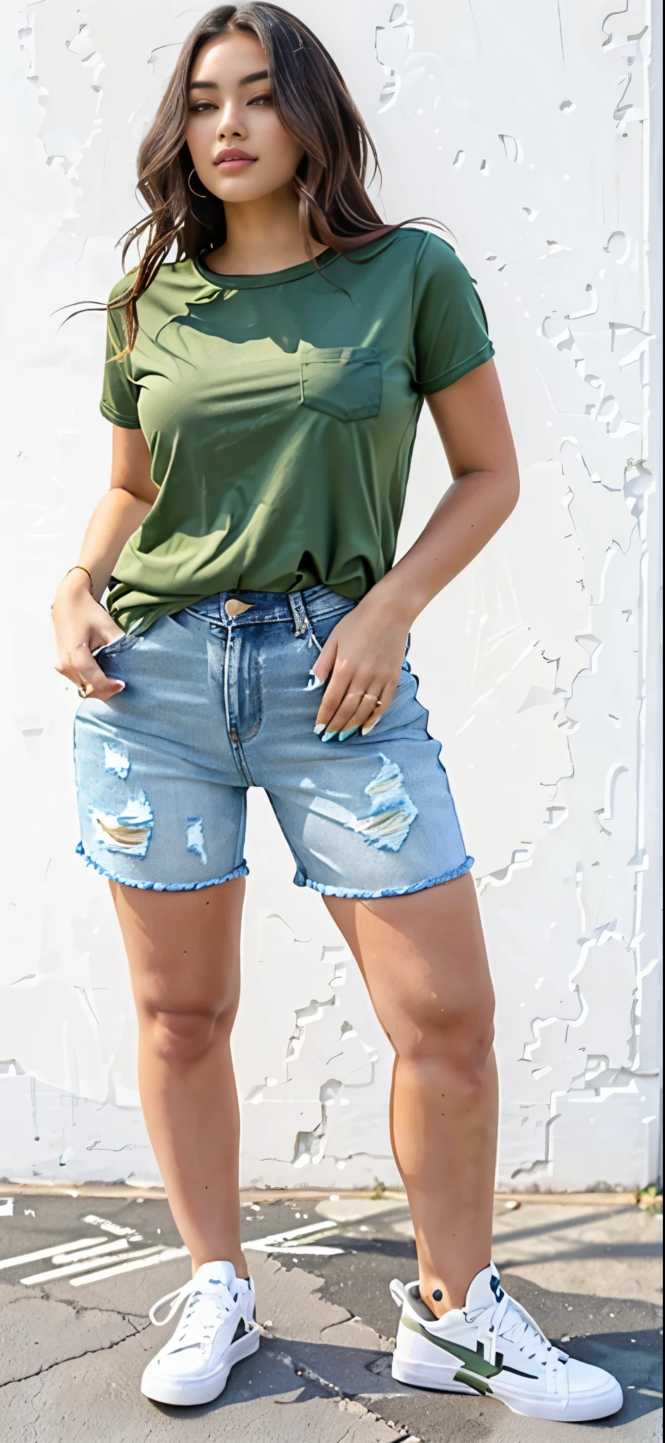 a woman in a green shirt and denim Shorts stands on a concrete floor, mulher baixa e robusta, Jeans curtos, jean Shorts, wearing denim short Shorts, denim Shorts, baixa estatura, wearing Shorts and t shirt, boy Shorts, short jeans pants, torn Shorts, y girl wearing Shorts, short Shorts, wears Shorts, high waisted Shorts, wearing Shorts, Shorts