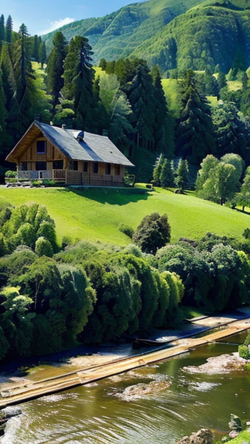 A beautiful hyper realistic view of a green mountain with a trees, and a wooden house, and a small river, lovely sunny day, high resolution