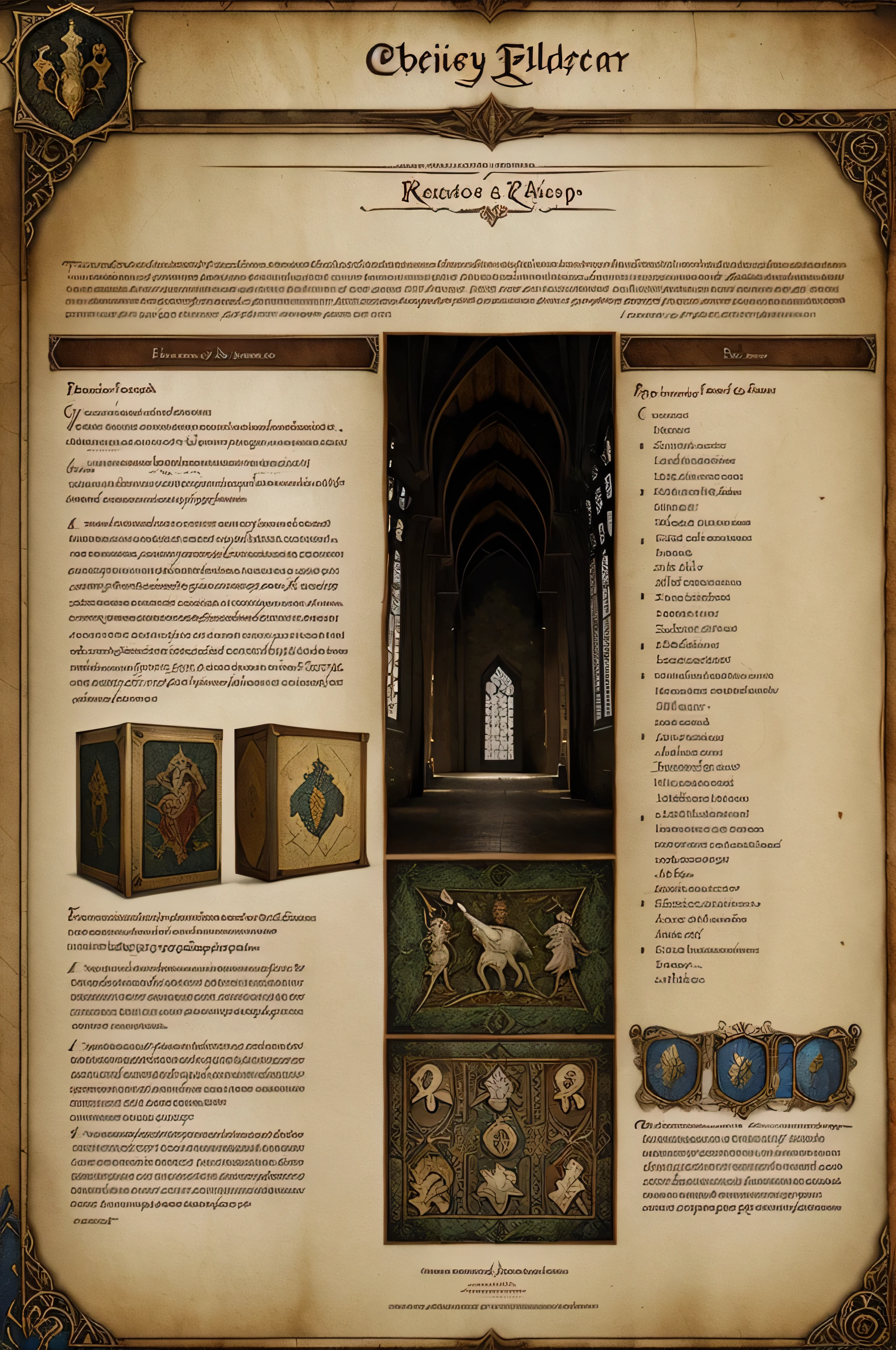 A fantasy roleplay character sheet with empty blank boxes, designed in the style of a medieval tapestry, with elaborate borders depicting scenes of mythical creatures and epic battles. Within these borders are smaller boxes for recording character attributes and abilities, creating a visually stunning and immersive experience for players. (Inspiration: Medieval artwork, epic fantasy imagery)