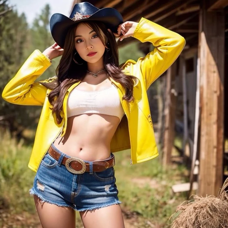 Araffe woman wearing a cowboy hat and jeans taking pictures, cowgirl, western cowgirl, cowgirl, female cowgirl, 🐎🍑, Wear farm clothes, cowboy style, Beautiful cowboy witch, sexy pose, Ash from Overwatch, Korean girl, Thai anime girl, Cowboy Genre, Daisy Duke, Photo of a thin young model, Female model, 2 4 years old