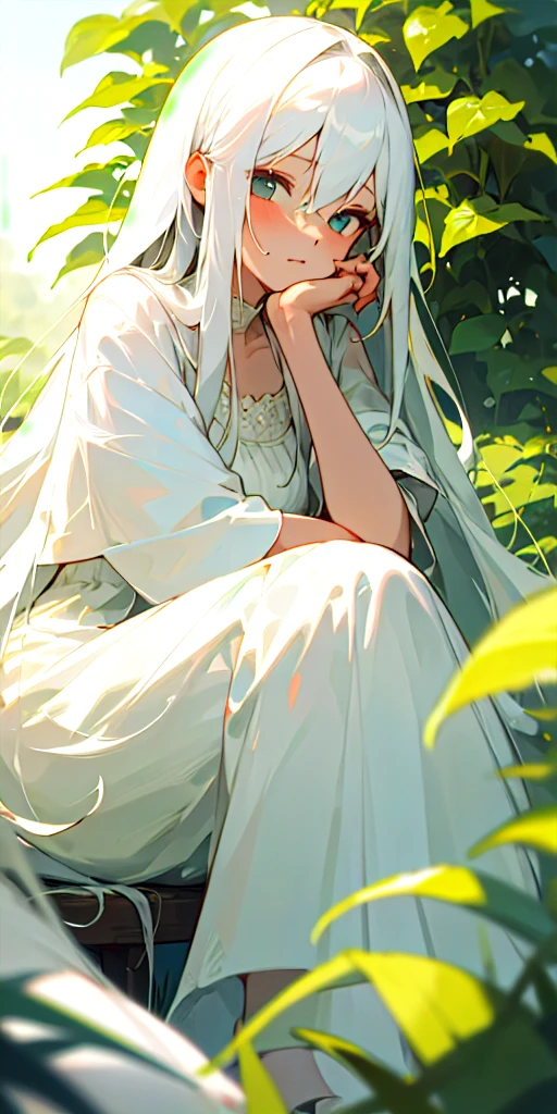 (masterpiece, best quality),1girl with long white hair sitting in a field of green plants and flowers, her hand under her chin, warm lighting, white dress, blurry foreground
