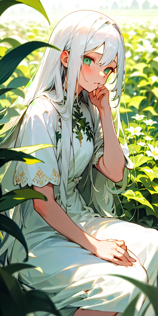 (masterpiece, best quality),1girl with long white hair sitting in a field of green plants and flowers, her hand under her chin, warm lighting, white dress, blurry foreground