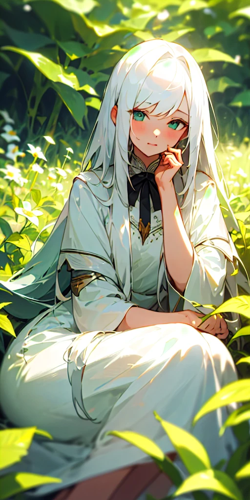 (masterpiece, best quality),1girl with long white hair sitting in a field of green plants and flowers, her hand under her chin, warm lighting, white dress, blurry foreground