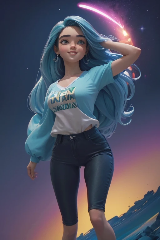 award winning arte digital, retrato de medio cuerpo de una hermosa mujer con una camisa sin mangas de seda rosa y pantalones cargo con un peinado azul marino verde azulado con la cabeza en movimiento y el pelo largo volando, Gran sonrisa, ojos chispeantes, sexy, en un campo de flores, atardecer dorado, dust particles, Brillantina, salpicaduras de pintura, salpicar, outrun, vaporizador, flat shaded illustration, arte digital, tendencia en artstation, Muy detallado, buen detalle, intrincado